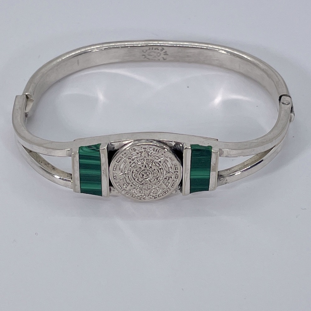 TAXCO Mexico Signed Mayan Aztec Calendar Bracelet Silver & Malachite Vintage